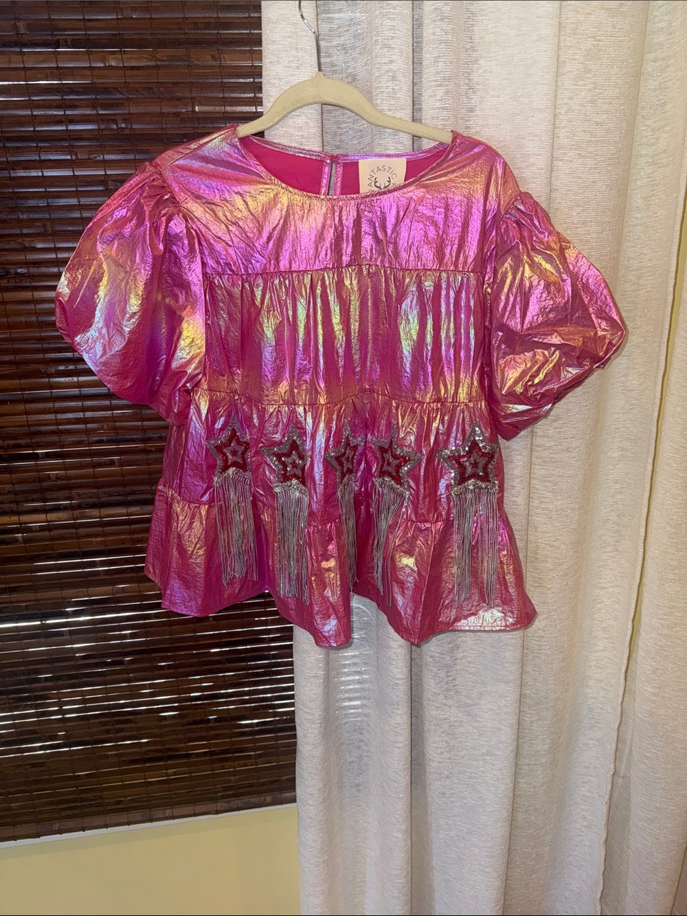 Fantastic Fawn Metallic Hot Pink Star Tassel Peplum Top